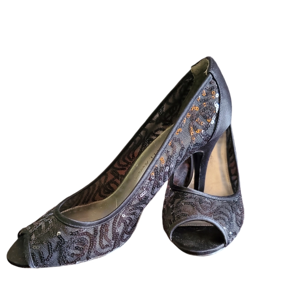 Adrianna Papell Boutique Felicia Black Sequin Mesh Peep Toe Heel Pump ~Pre-Owned
